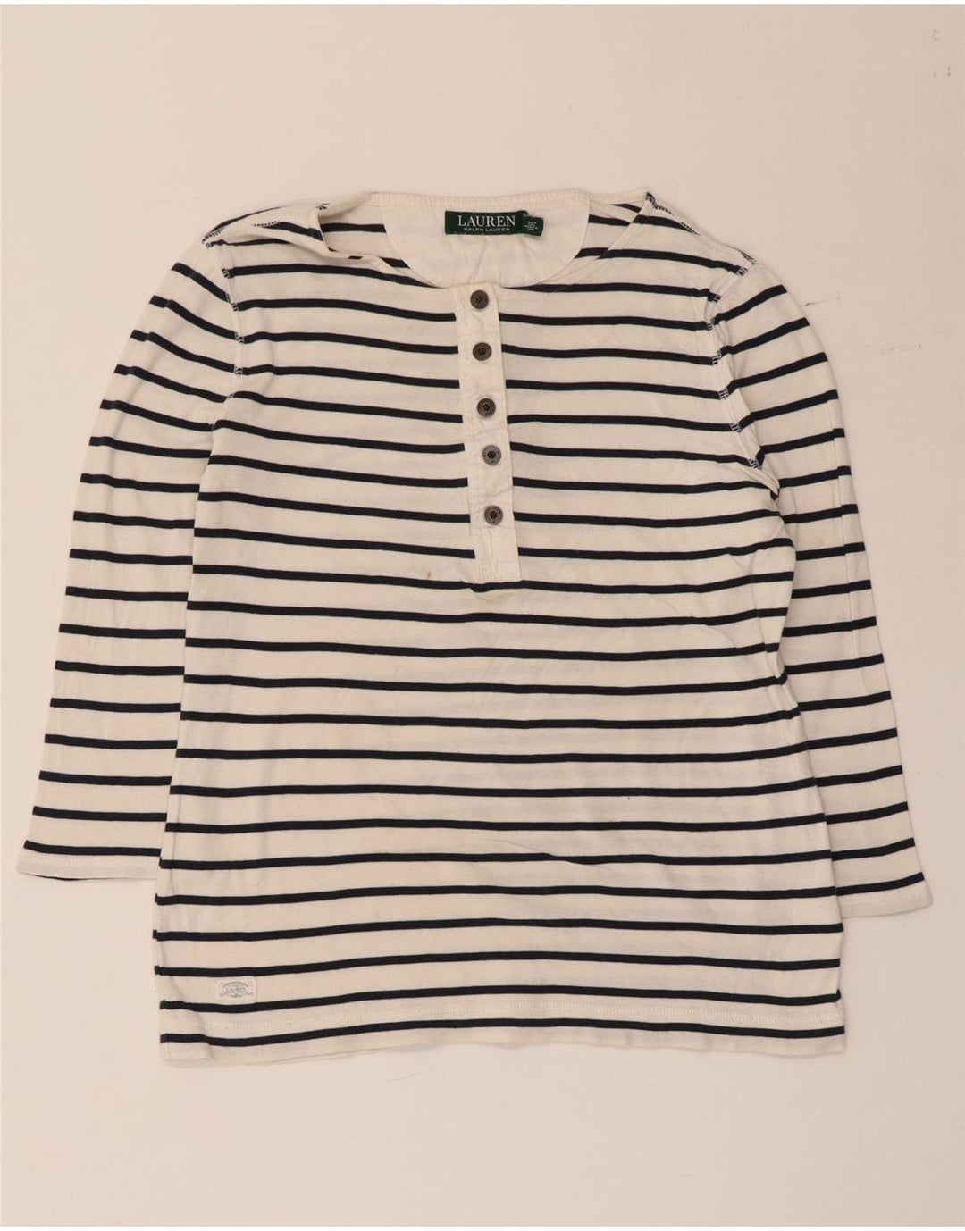 Ralph Lauren Damen-Top, 3/4-Ärmel, UK-Größe 12, mittelweiß, gestreift, Baumwolle