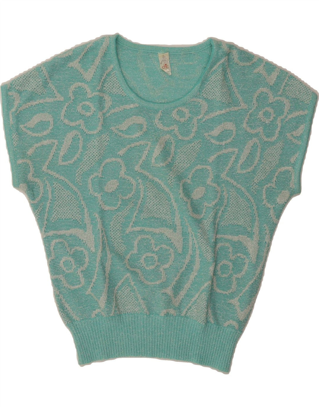 VINTAGE Damen Pullover mit Rundhalsausschnitt IT 42 Mittelblau geblümt