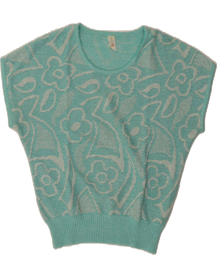 VINTAGE Damen Pullover mit Rundhalsausschnitt IT 42 Mittelblau geblümt