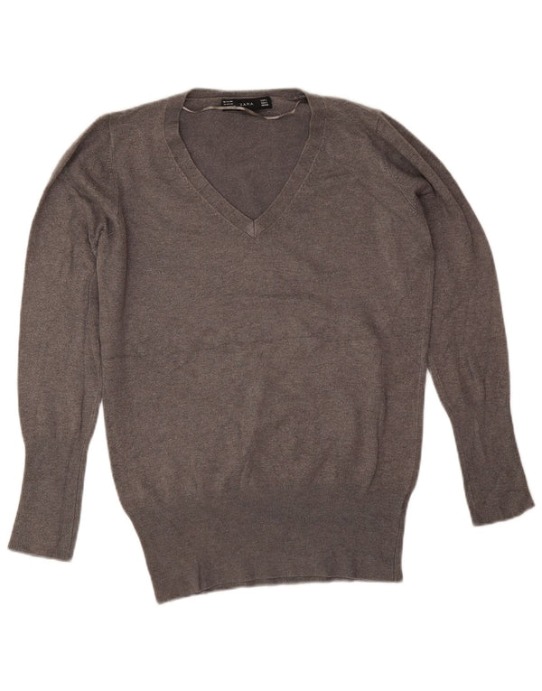 Zara Damen-Pullover mit V-Ausschnitt, Gr. 42, Größe L, grau, Viskose