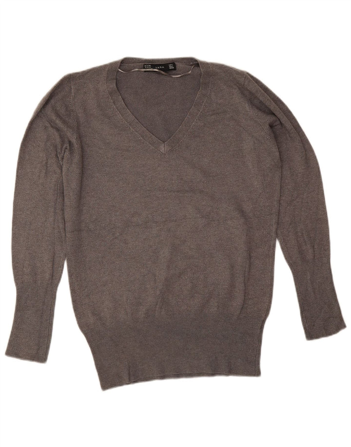 Zara Damen-Pullover mit V-Ausschnitt, Gr. 42, Größe L, grau, Viskose
