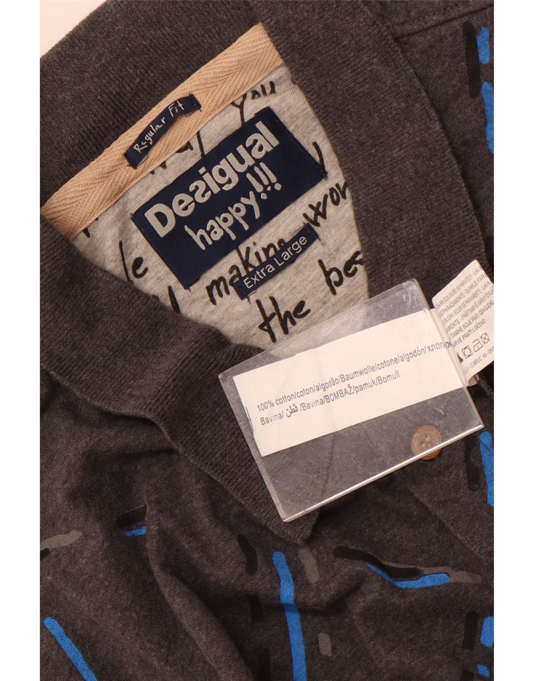 Desigual Herren-Langarm-Poloshirt in regulärer Größe, XL, grau kariert, Baumwolle