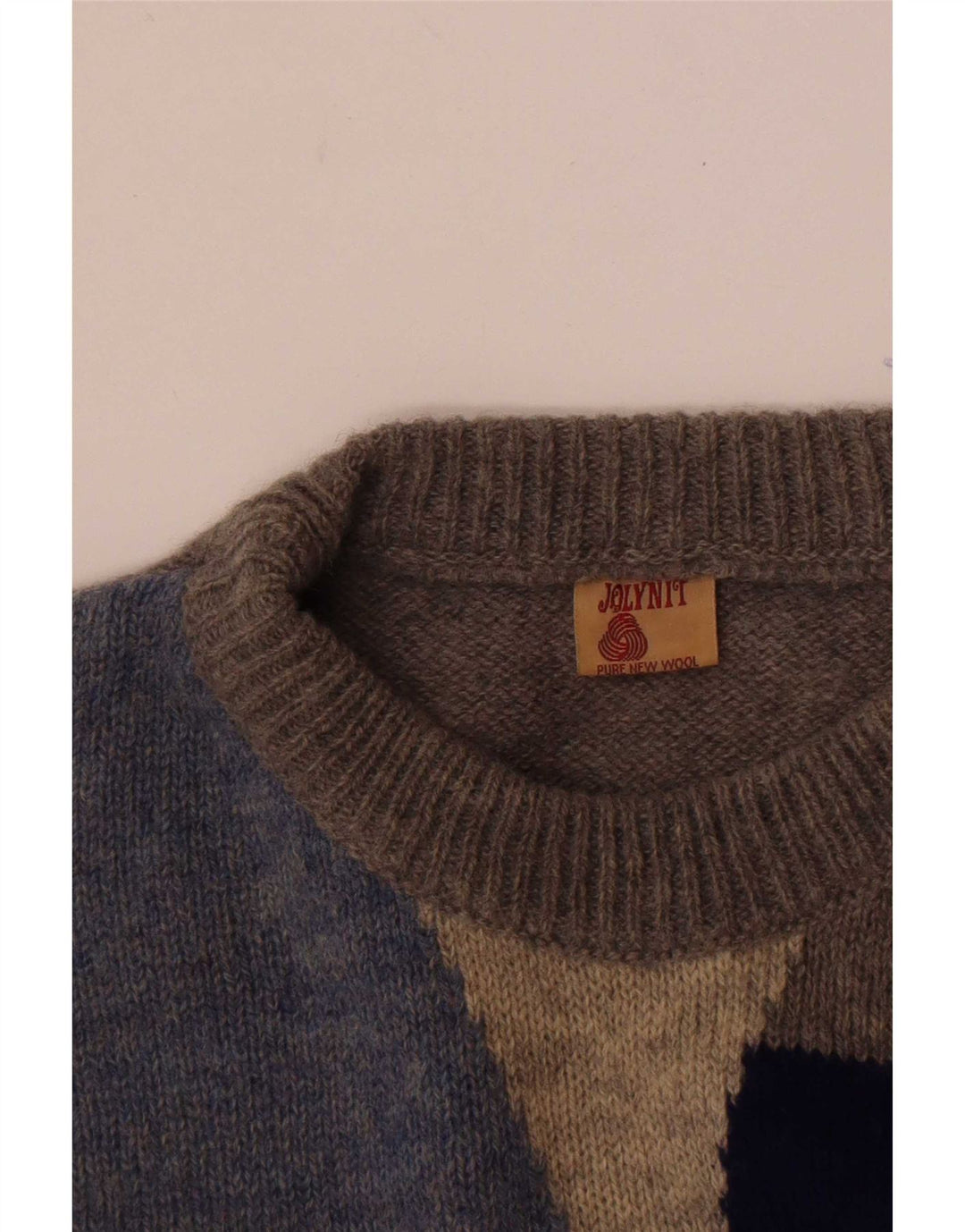 Vintage Herren-Pullover mit Rundhalsausschnitt, Mittelgrau, Colourblock-Schurwolle