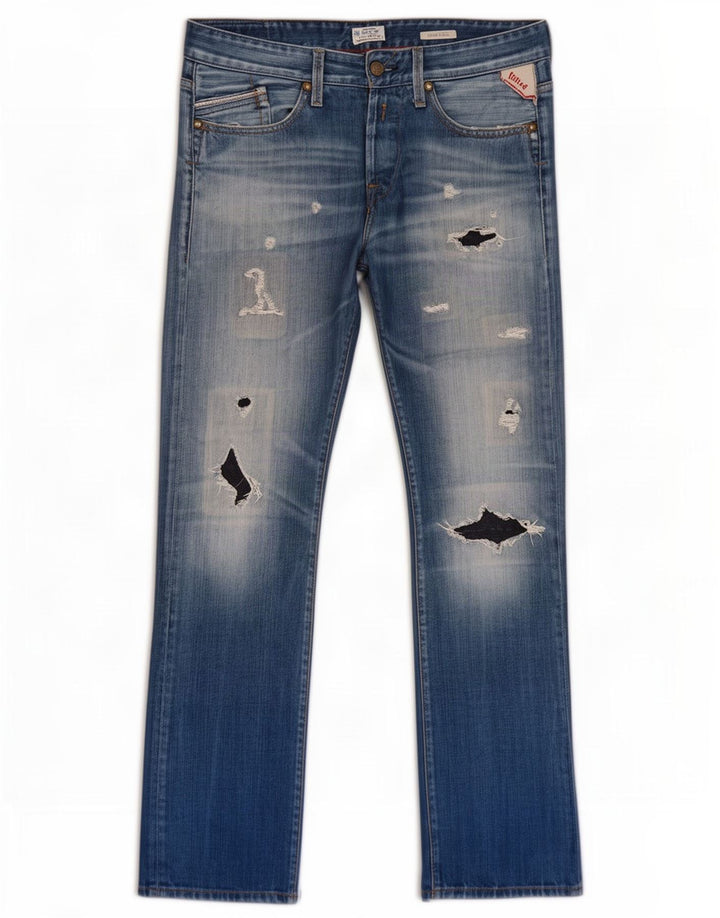 Replay Herren Waitom Distressed Straight Jeans W31 L32 Blaue Baumwolle