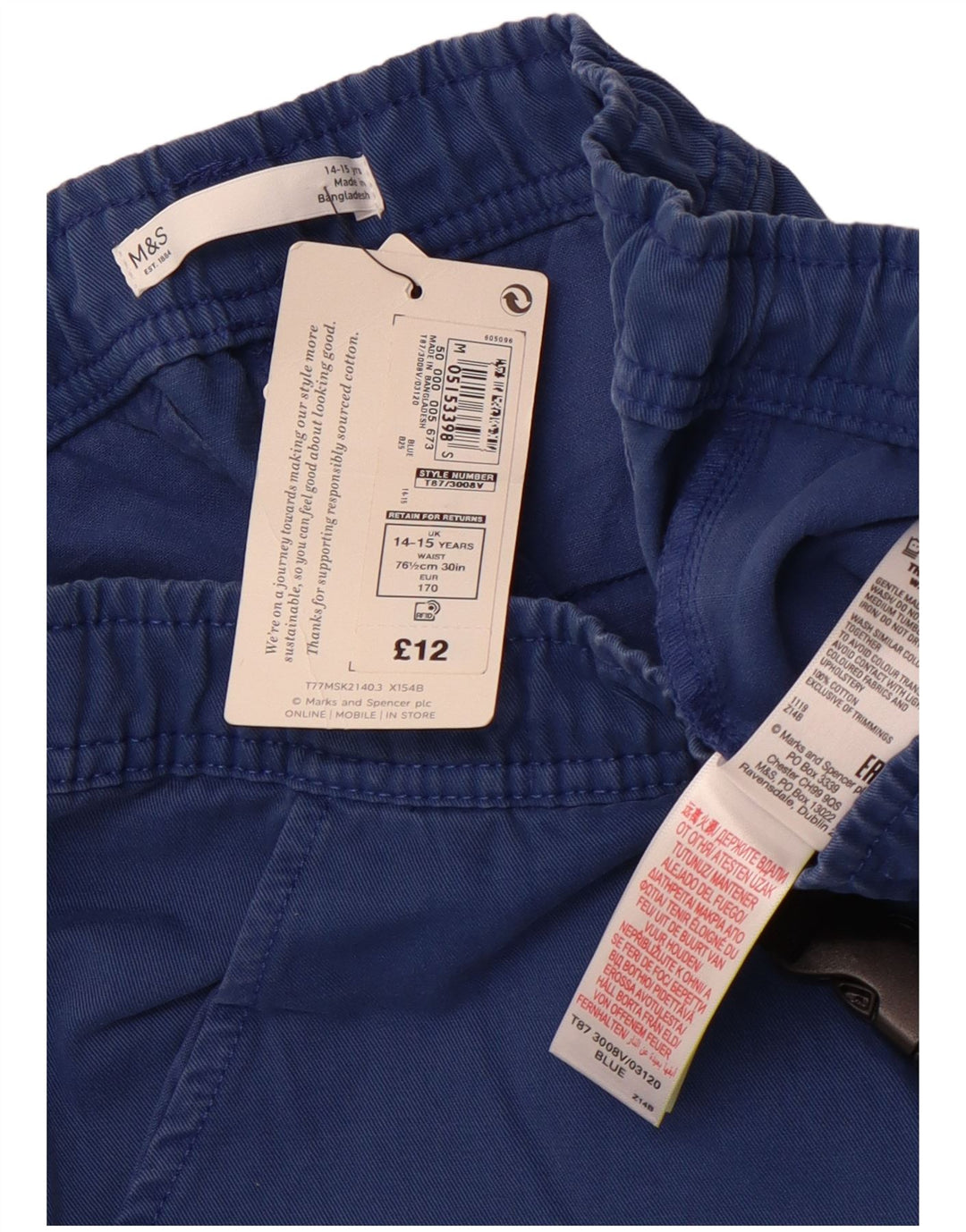 MARKS & SPENCER Cargo-Shorts für Jungen, 14–15 Jahre, W28, blaue Baumwolle