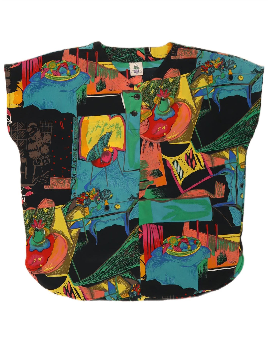 NEUES FAST-Blusenoberteil mit abstraktem Muster für Damen, EU 42, großes schwarzes Polyester