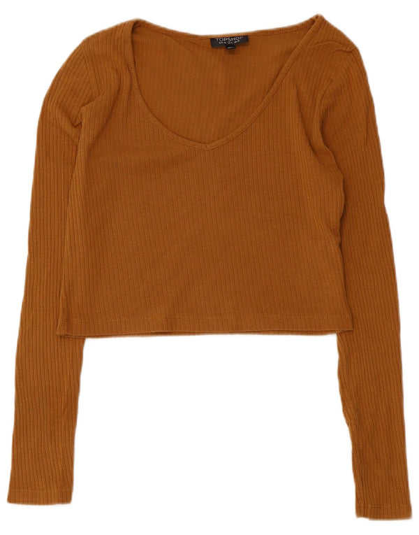 Zara Damen Crop Top Langarm UK 10 Small Braune Baumwolle