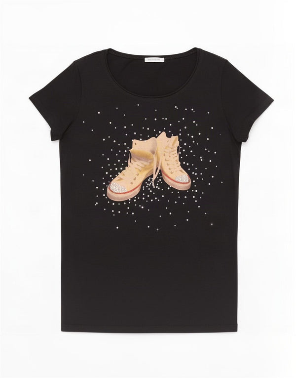 Marella Womens Graphic T-Shirt Top UK 12 Mittelschwarze Baumwolle
