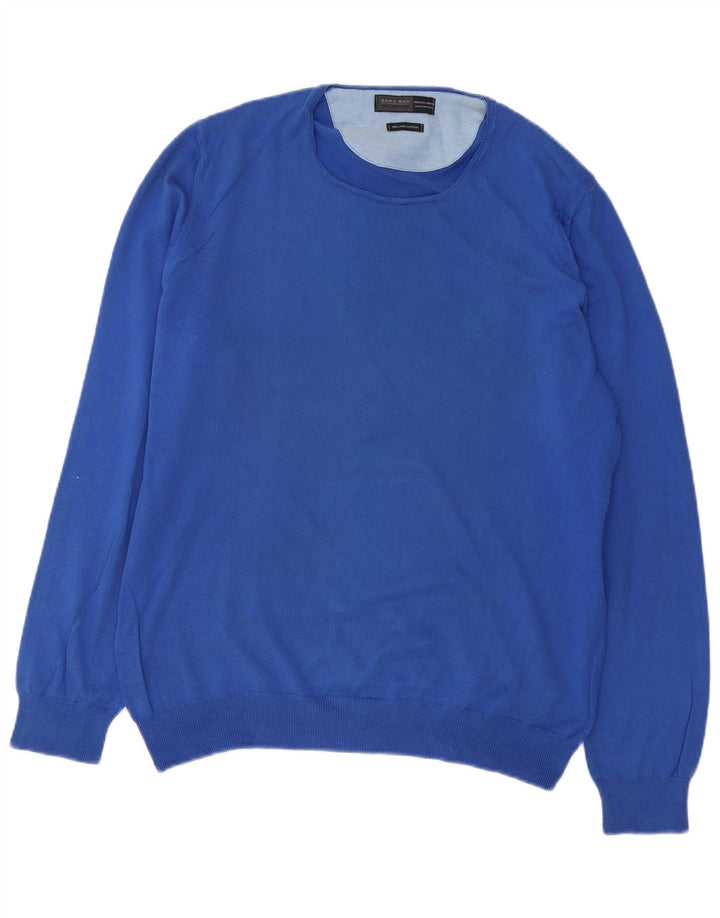 Zara Herren-Pullover mit Rundhalsausschnitt, groß, aus blauer Baumwolle
