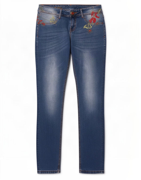 Desigual Damen Graphic Slim Jeans W30 L32 Blau geblümt