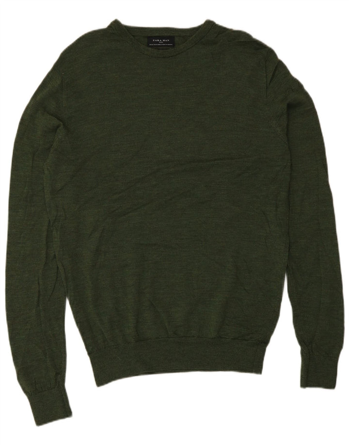 Zara Herren-Pullover mit U-Boot-Ausschnitt, mittelgrüne Wolle