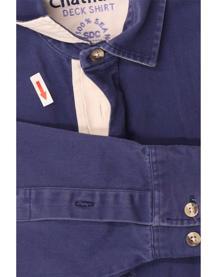Chatham Herren-Yachting-Pulloverhemd aus mittelblauer, gestreifter Baumwolle