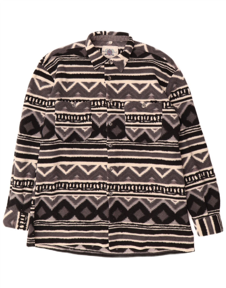 Vintage Herren Overshirt Fleece Shirt Groß Grau Geometrisch