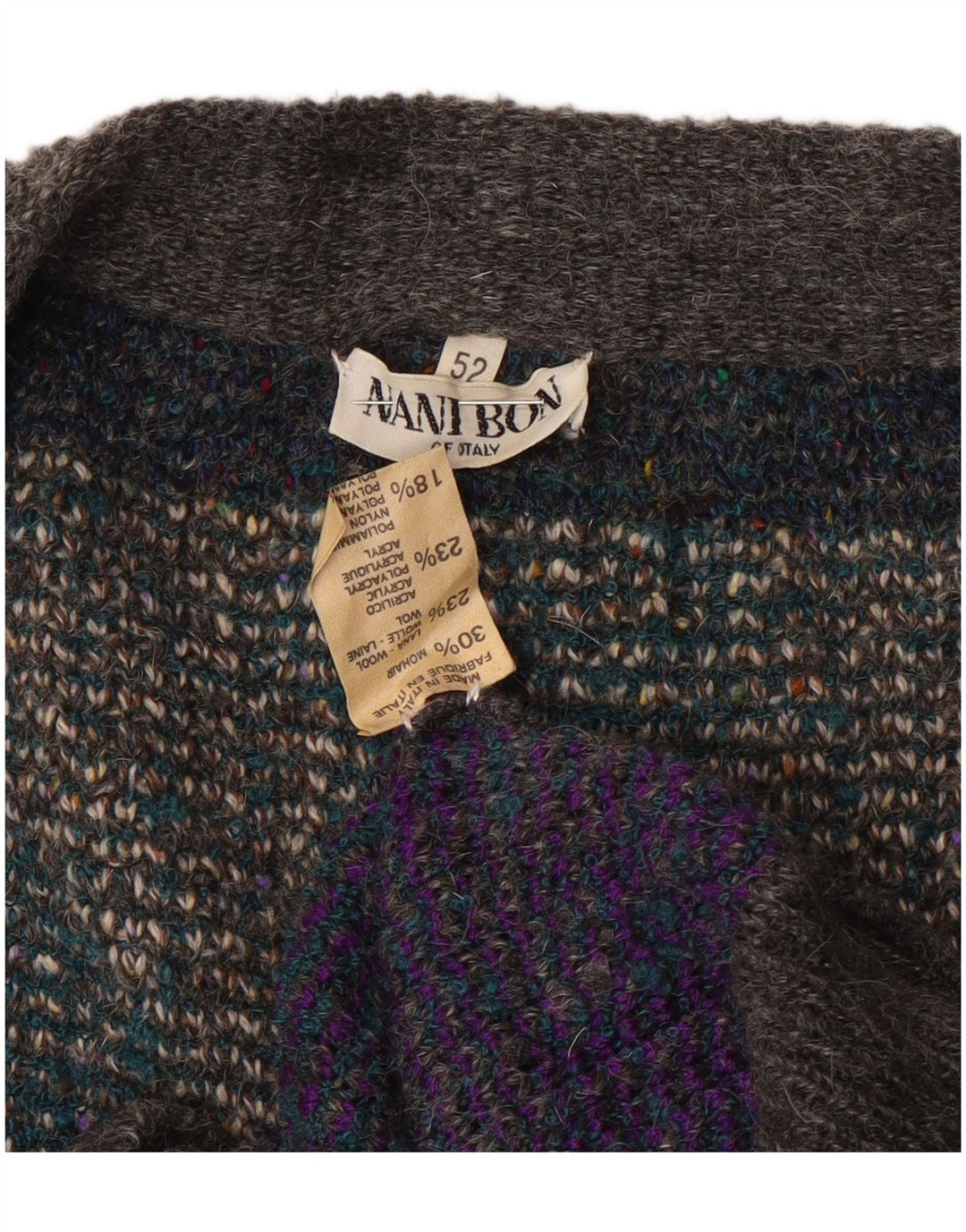 NANI BON Herren-Cardigan-Pullover IT 52 Große graue Colourblock-Wolle