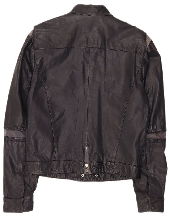 Vintage Herren-Leder-Bikerjacke IT 48 Mittelgraues Colourblock-Leder