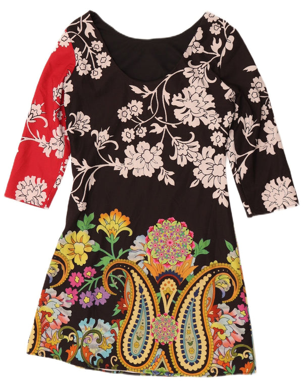 Desigual Damen A-Linien-Kleid mit 3/4-Ärmeln, EU 36, kleines schwarzes Blumenmuster aus Polyester