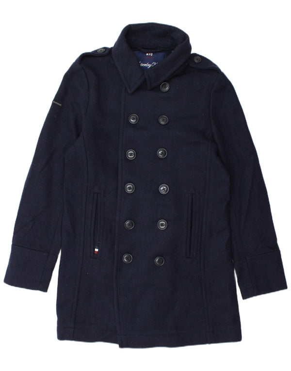 Superdry Mens Military Pea Coat UK 42 XL Navy Blue Chevron Wool