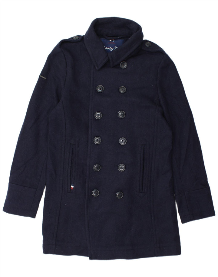 Superdry Herren Military Pea Coat UK 42 XL Marineblaue Chevron-Wolle