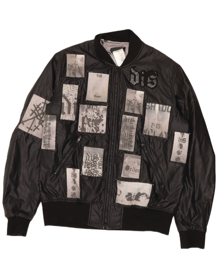 Vintage Herren Bomber Grafik Wachsjacke UK 38 Medium Schwarz Patchwork