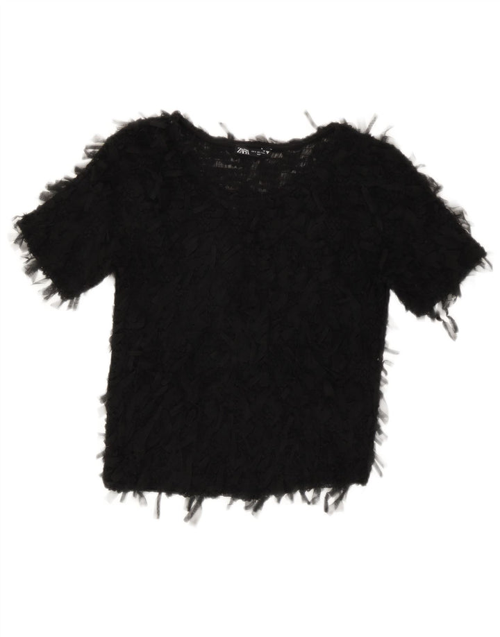 Zara Damen Crop See Through Bluse Top UK 8 Small Schwarz