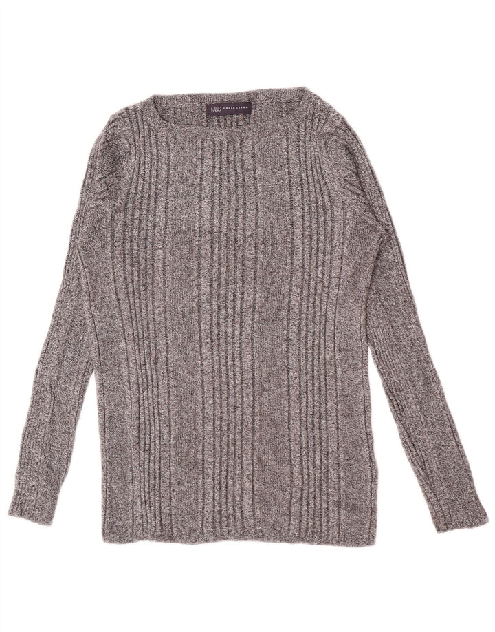 Marks & Spencer Damen Top Langarm UK 14 Mittelgrau gestreifte Viskose