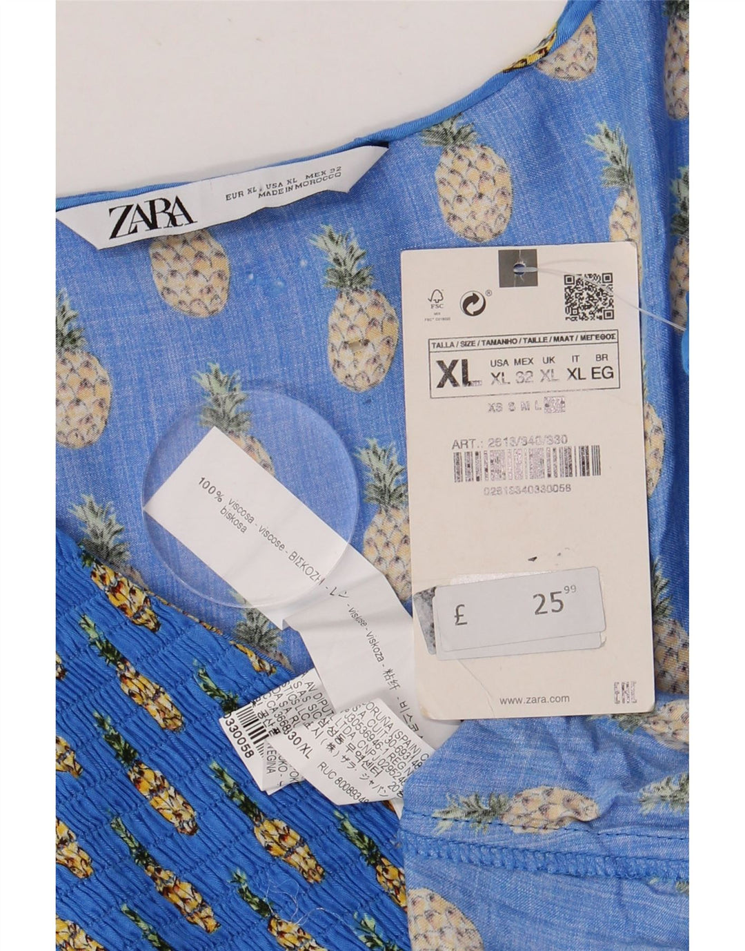 Zara Damen-Blusenoberteil mit abstraktem Muster und 3/4-Ärmeln, UK 18, XL, blaue Viskose