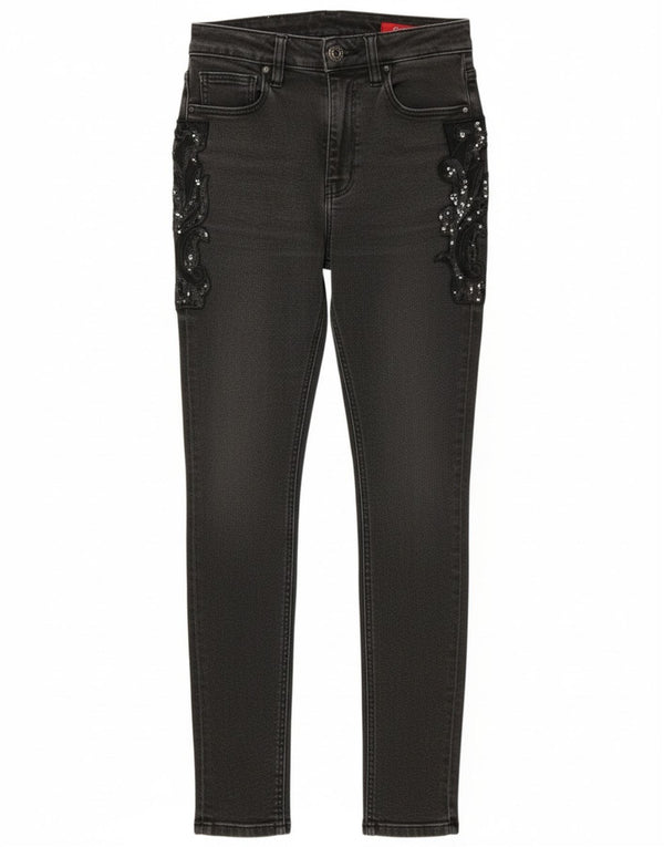 Guess Damen-Jeans mit hohem Bund, Röhrenjeans, W27, L28, graue Paisley-Baumwolle