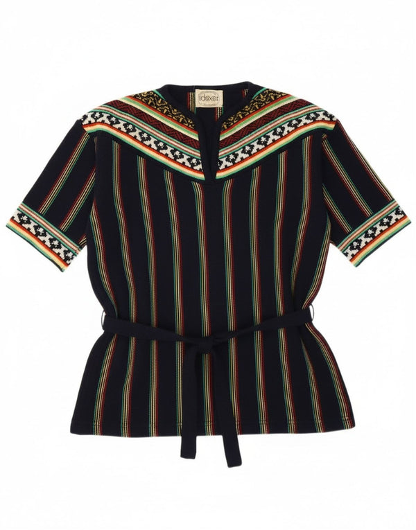 Vintage Womens V-Neck Jumper Sweater UK 12 Medium Navy Blue Striped Retro