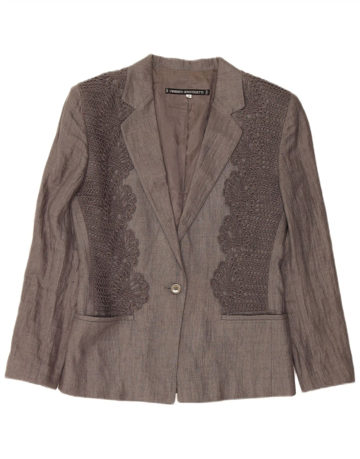 UMBERTO GINOCCHIETTI Damen 1-Knopf-Blazerjacke IT 42 Mittelgraues Leinen