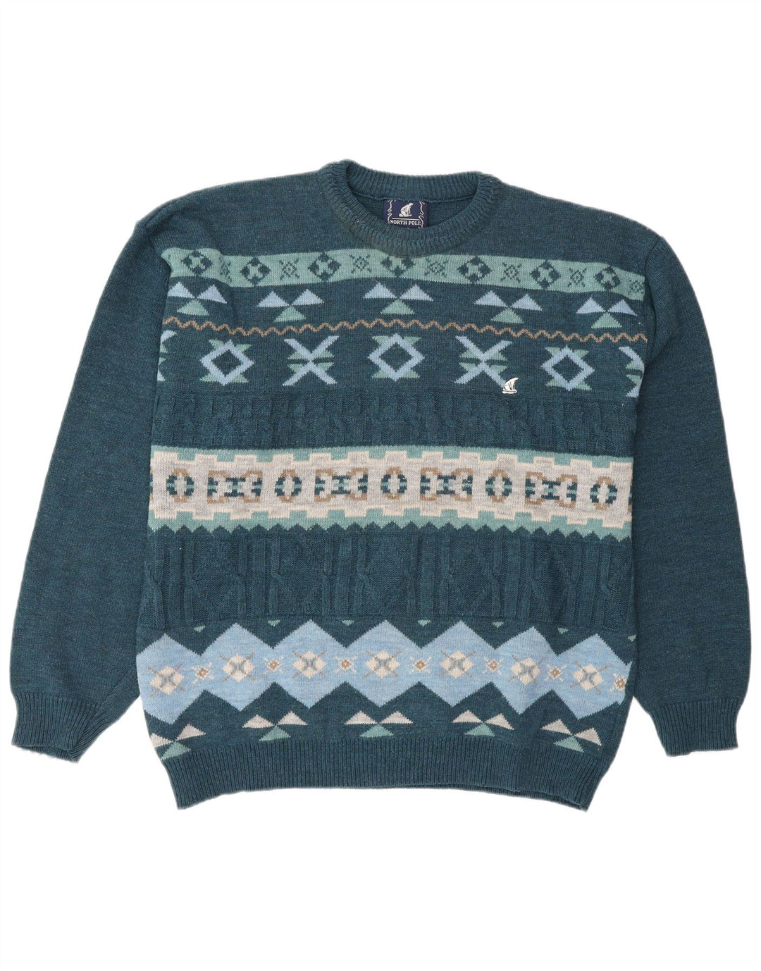 North Pole Herren-Pullover mit Rundhalsausschnitt, XL, blaue Fair-Isle-Wolle