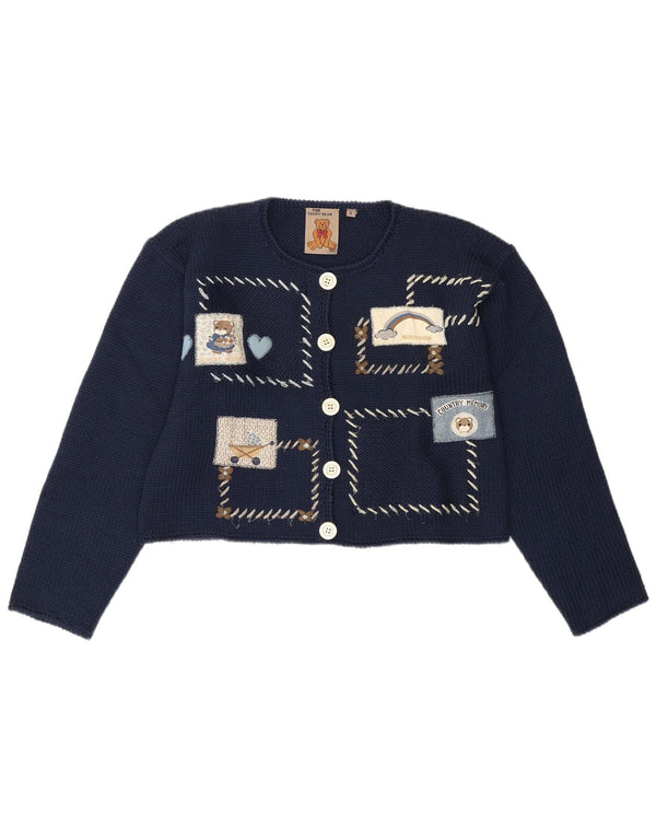 VINTAGE Damen Teddybär Cardigan Pullover UK 10 Small Marineblau Patchwork