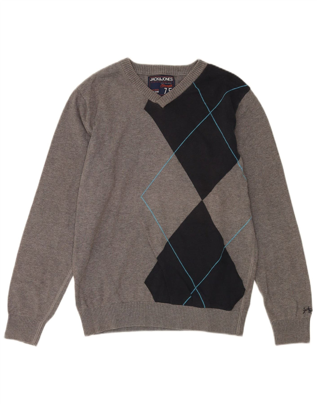 Jack & Jones Herren-Pullover mit V-Ausschnitt aus mittelgrauer Colourblock-Baumwolle
