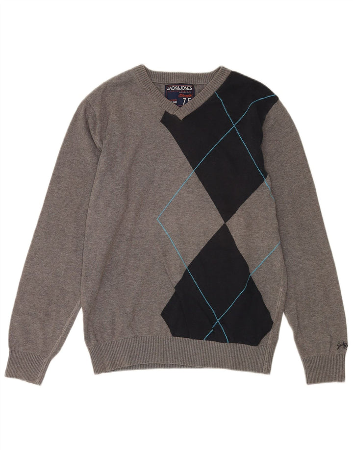 Jack & Jones Herren-Pullover mit V-Ausschnitt aus mittelgrauer Colourblock-Baumwolle