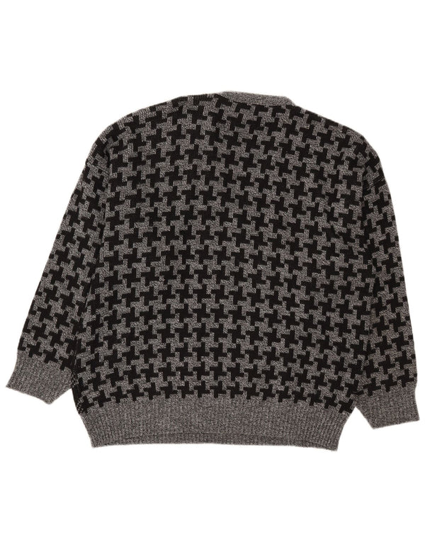 Vintage Mens V-Neck Jumper Sweater IT 56 2XL Grey Houndstooth Acrylic