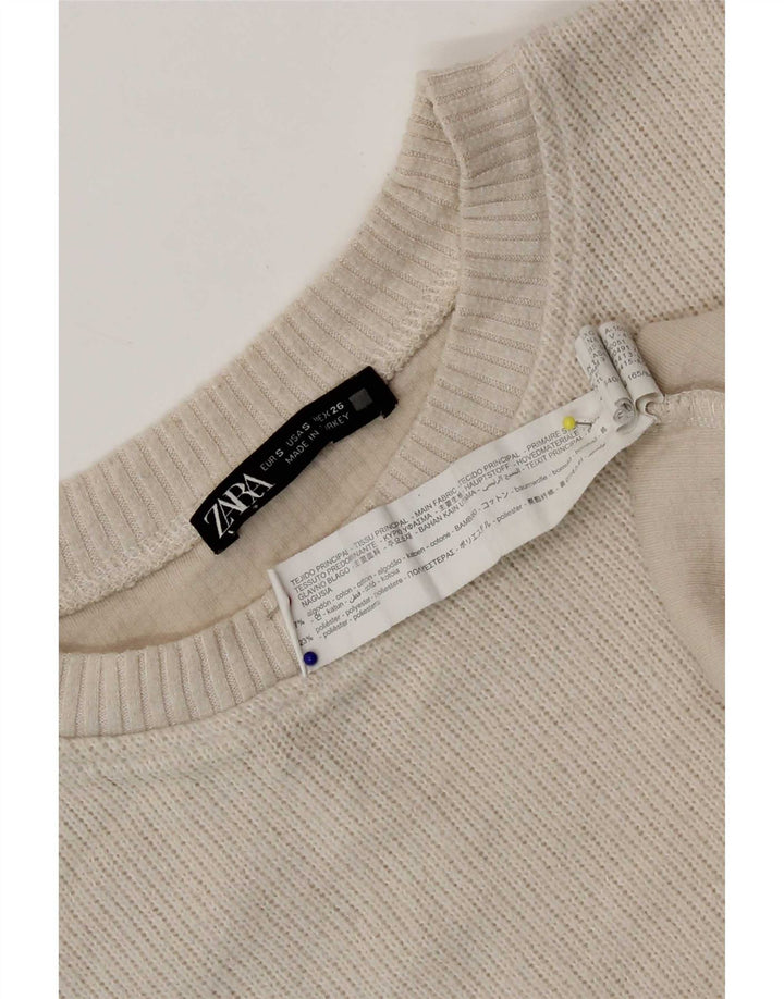Zara Damen Crop Oversized Top Langarm UK 10 Small Beige Baumwolle