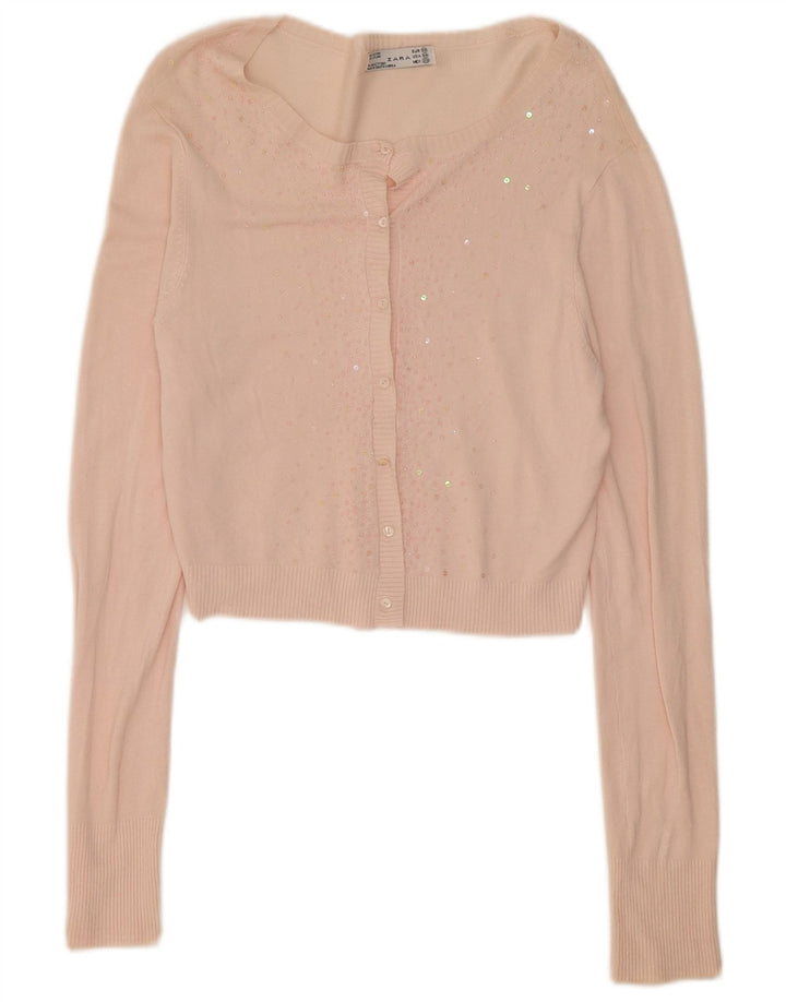 Zara Damen Crop Cardigan Top UK 12 Medium Pink Rayon