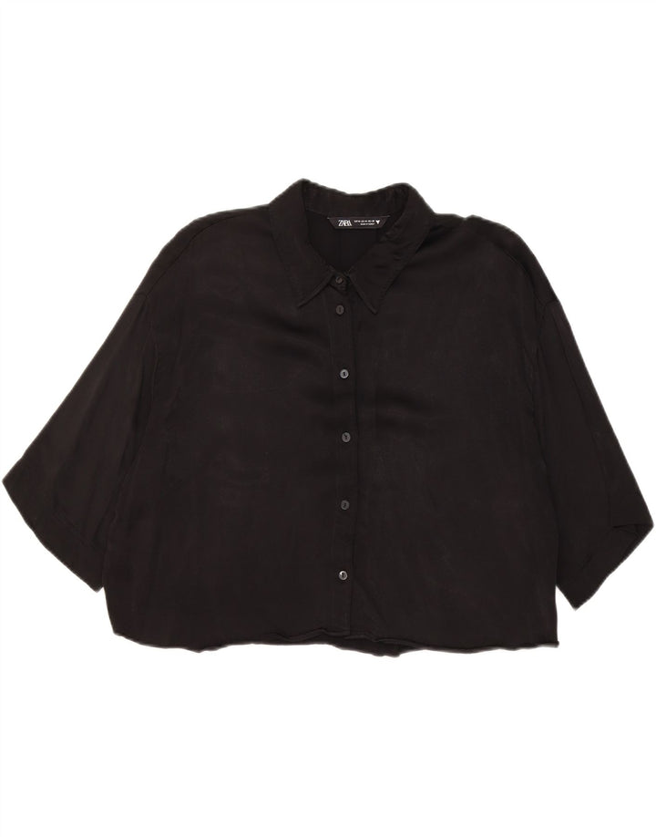 Zara Damen-Bluse, übergroß, 3/4-Ärmel, bauchfreies Hemd, Gr. 14, Mittelschwarz