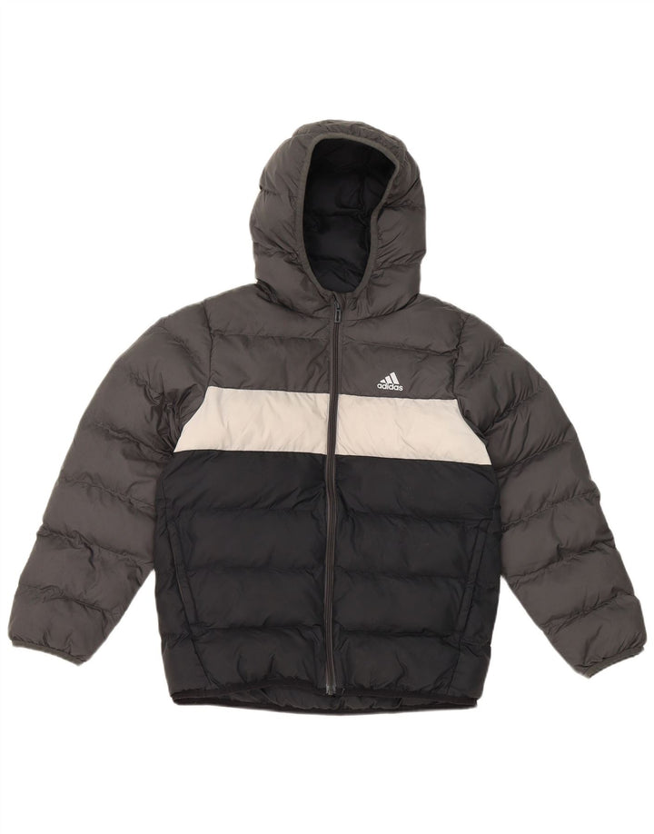 Adidas Jungen wattierte Jacke mit Kapuze, 9–10 Jahre, graues Colourblock-Polyester