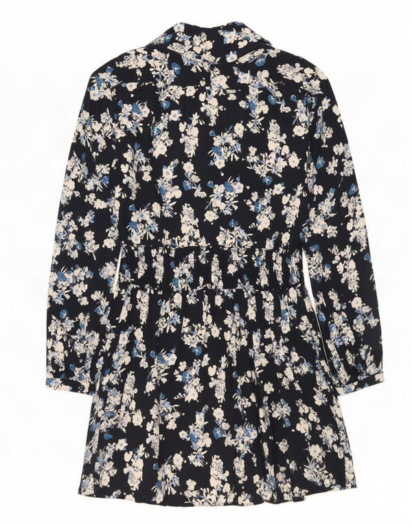Langärmliges, übergroßes A-Linien-Kleid von Zara für Damen, Gr. 10, Größe S, Marineblau mit Blumenmuster