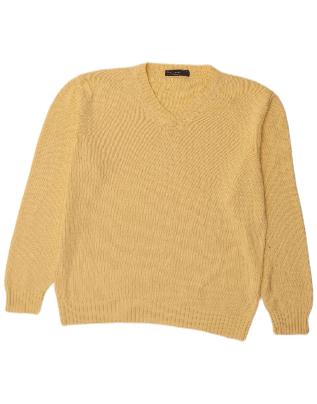 Zara Herren-Pullover mit V-Ausschnitt, groß, gelbe Baumwolle