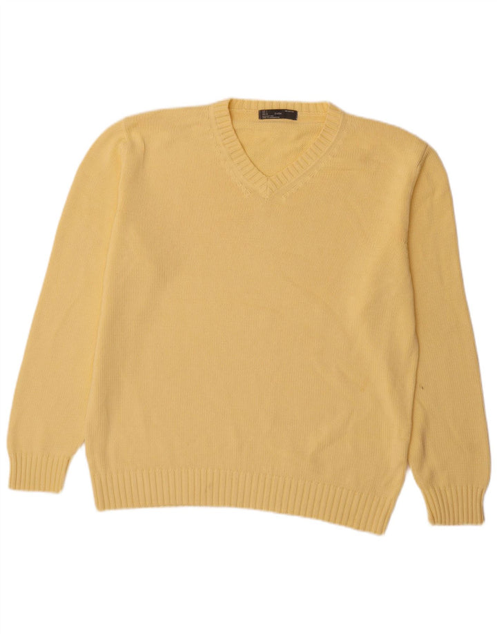 Zara Herren-Pullover mit V-Ausschnitt, groß, gelbe Baumwolle