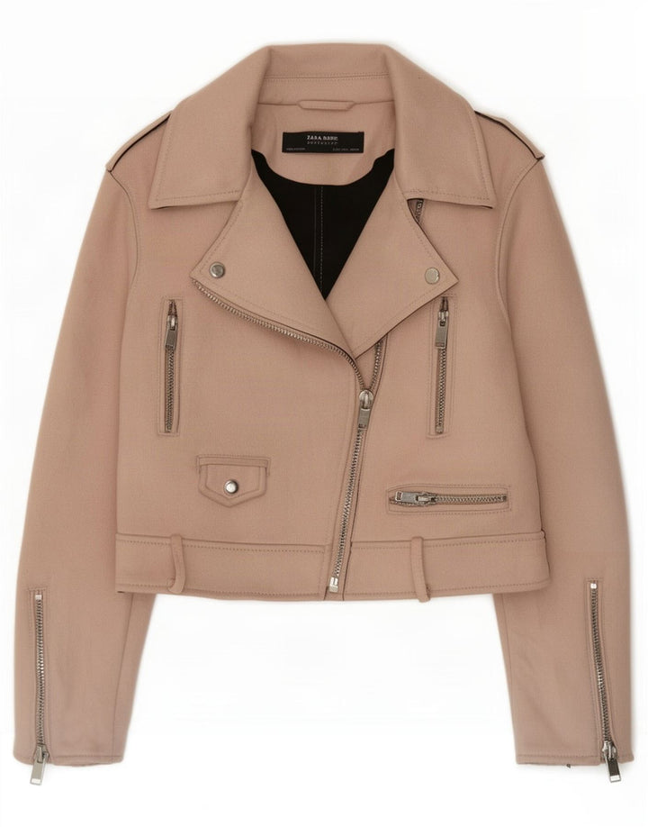 Zara Damen Crop Bikerjacke UK 14 Large Rosa Polyester