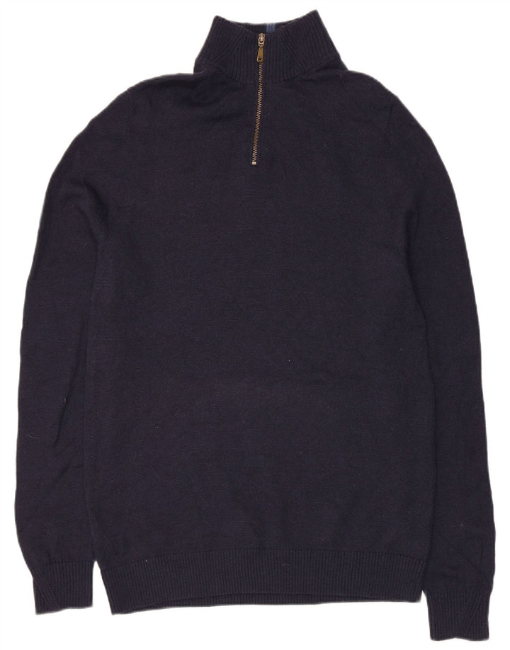 White Stuff Herren-Pullover mit Reißverschluss am Hals, mittelblaue Merinowolle