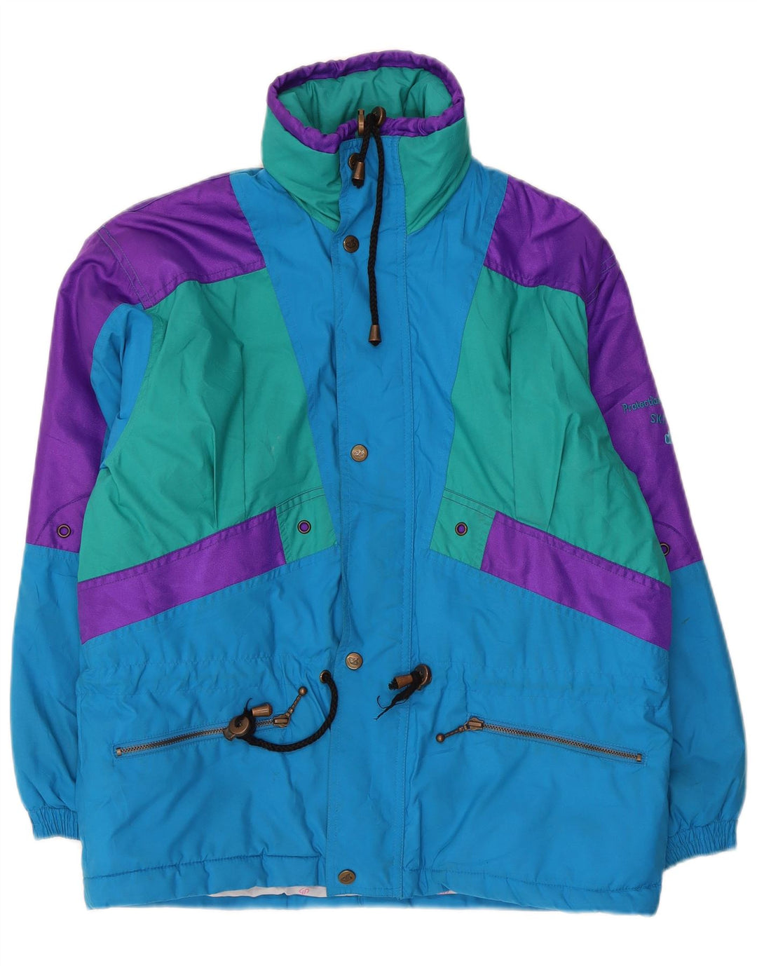 Vintage Herren Skijacke mit Kapuze UK 38 Mittelblaues Colourblock-Polyester