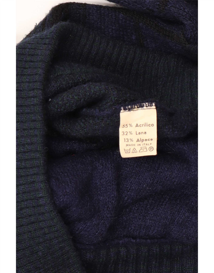 Vintage Herren Cardigan Pullover Medium Marineblau Karo Polyacryl
