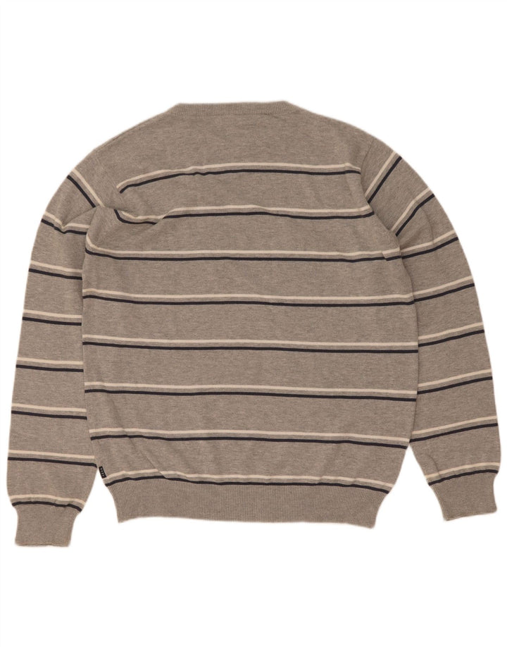 Gant Herren-Pullover mit Rundhalsausschnitt, mittelgrau, gestreift, Baumwolle
