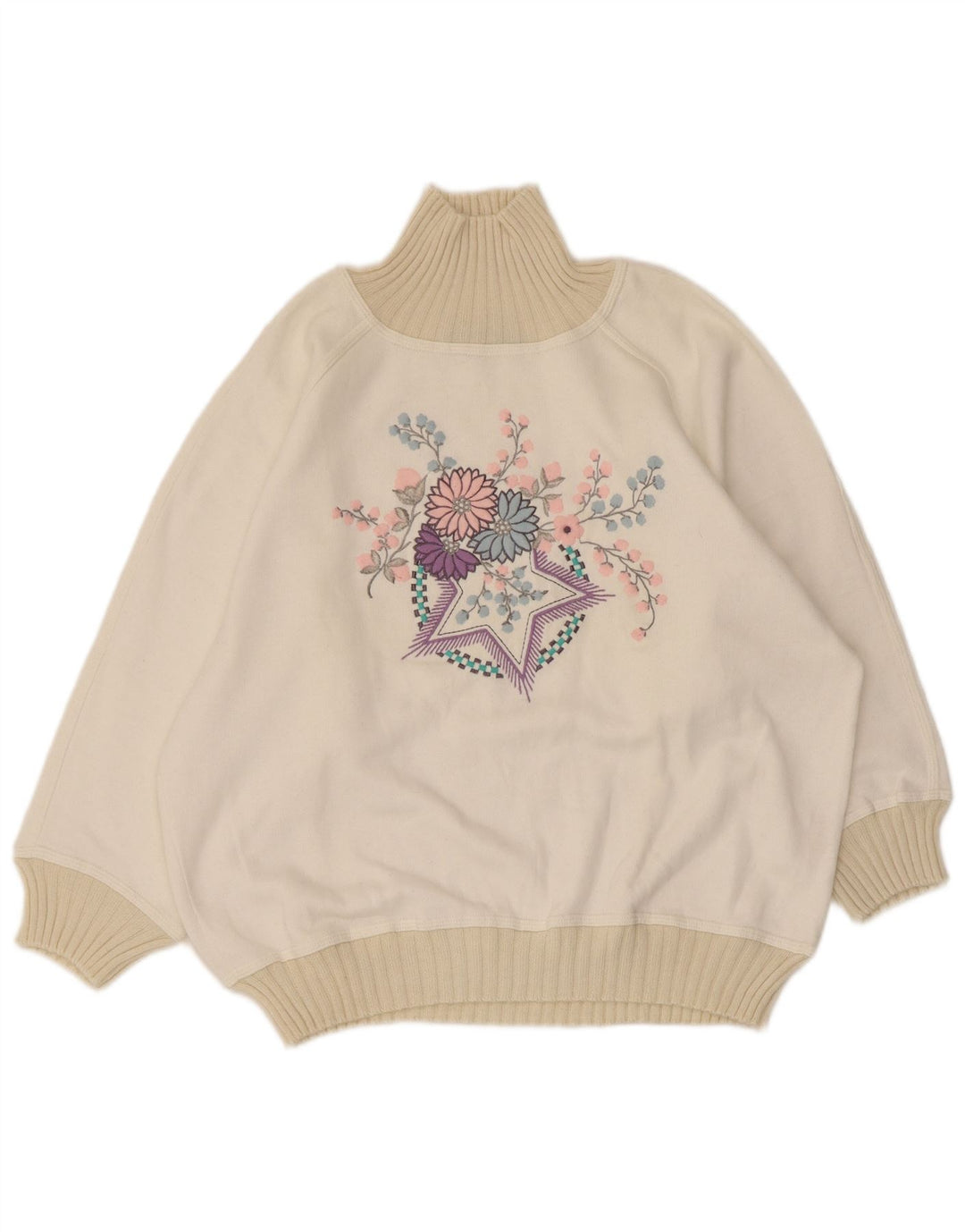 Vintage Damen Grafik Sweatshirt Pullover UK 14 Medium Off White Floral
