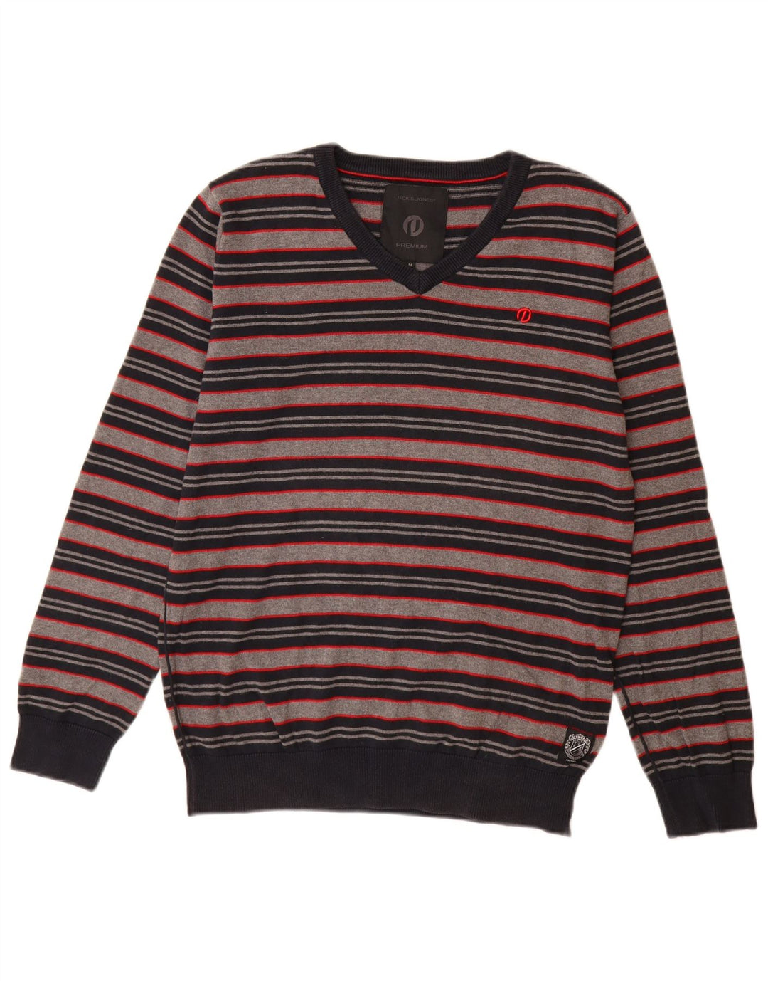 Jack & Jones Herren-Pullover mit V-Ausschnitt aus mittelgrauer, gestreifter Baumwolle