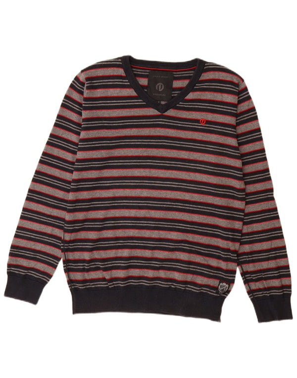 Jack & Jones Herren-Pullover mit V-Ausschnitt aus mittelgrauer, gestreifter Baumwolle