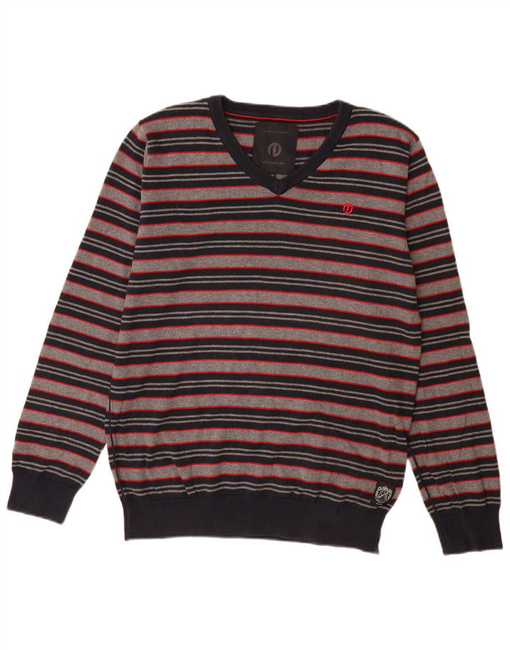 Jack & Jones Herren-Pullover mit V-Ausschnitt aus mittelgrauer, gestreifter Baumwolle